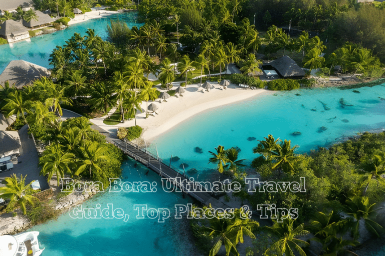 Aerial view of Bora Bora island with blue water and green mountains