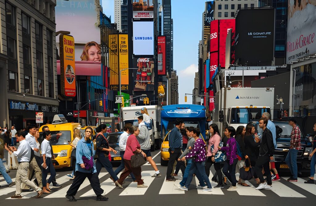 alt="Busy shopping street with people walking past boutique stores in SoHo, New York"