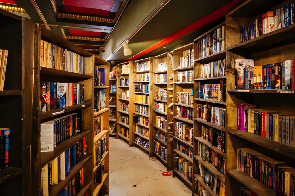 lt="Cozy bookstore café with shelves of secondhand books and customers reading in a quiet corner"