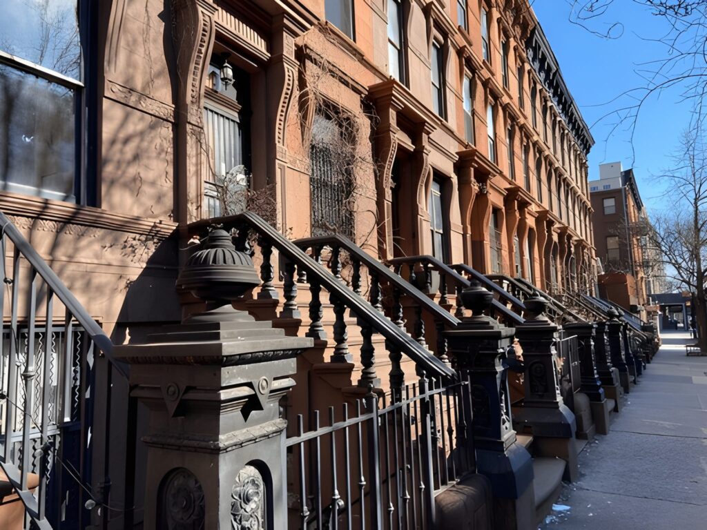 alt="Historic cast-iron building with fire escapes and sunset lighting in Manhattan"