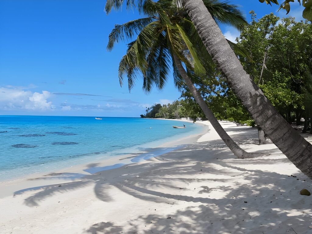 Matira Beach Bora Bora with white sand and clear blue sea